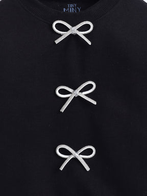 Black Sweatshirt with White sequence Bow Applique Detailing