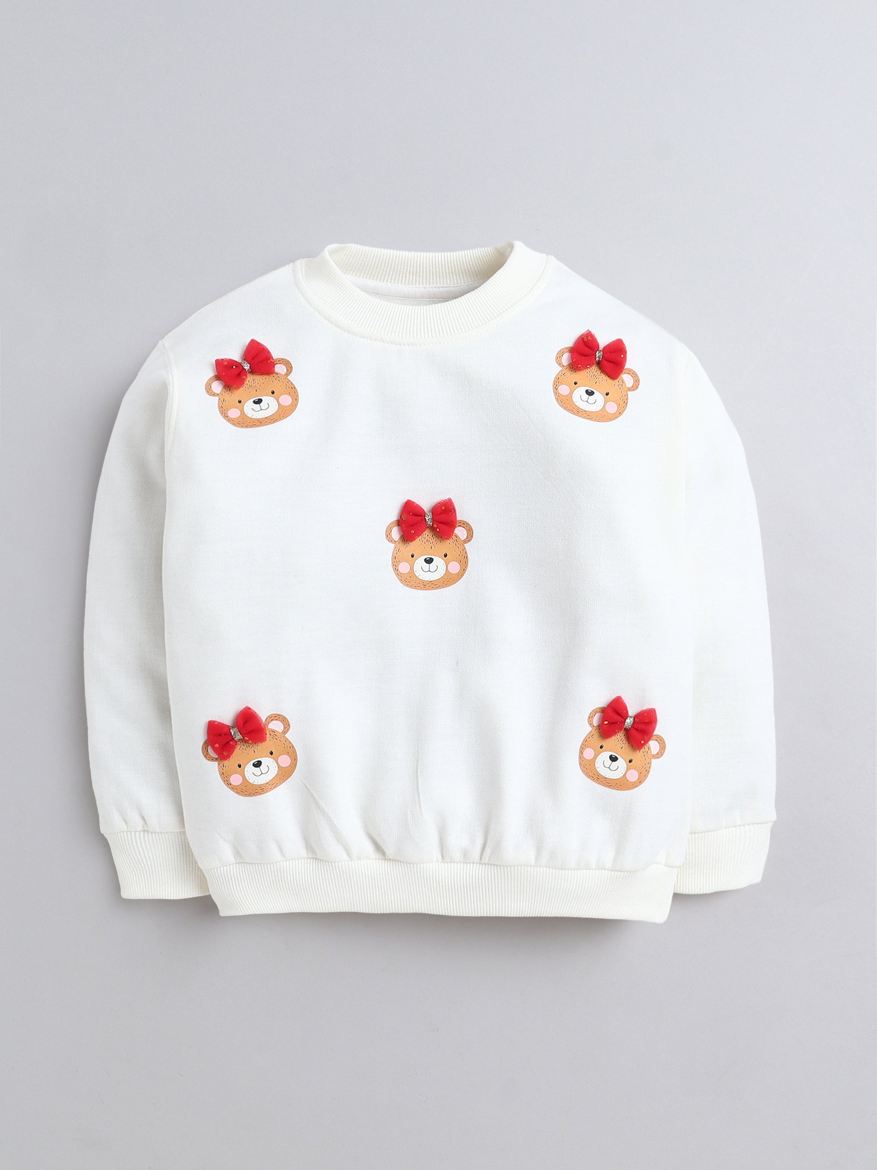 White Sweatshirt with Teddy Face & Red Bow Appliqué