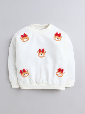 White Sweatshirt with Teddy Face & Red Bow Appliqué