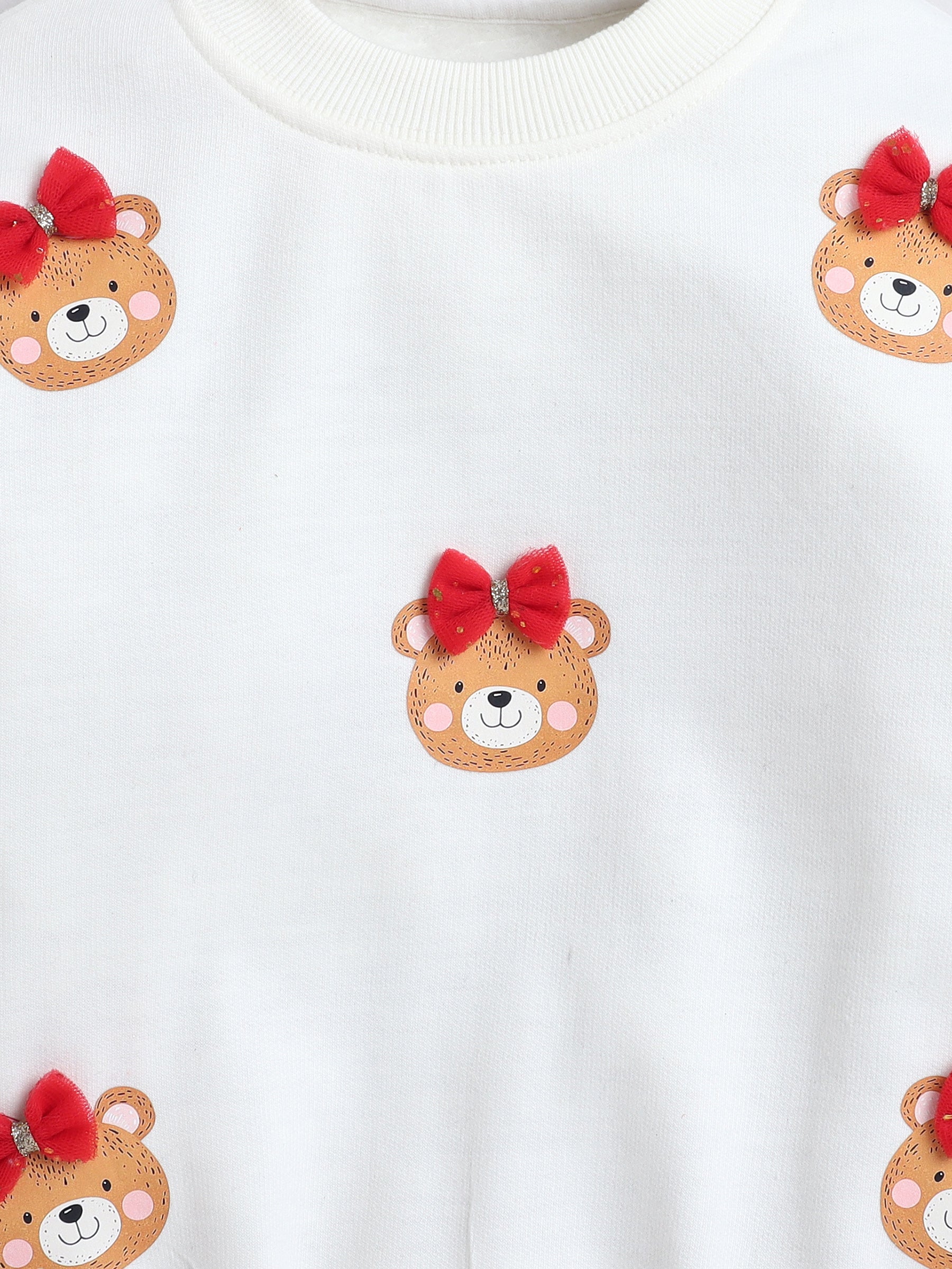 White Sweatshirt with Teddy Face & Red Bow Appliqué