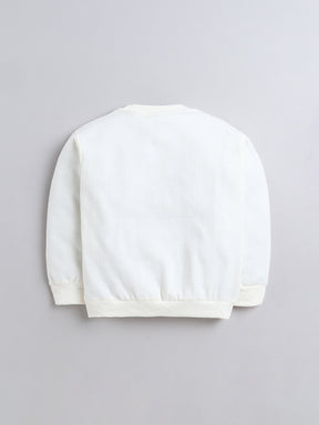 White Sweatshirt with Teddy Face & Red Bow Appliqué
