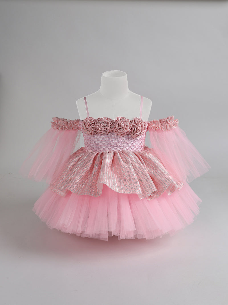 "Blush Pink Off-Shoulder Princess Knee Length Dress with Floral Bodice and Layered Tulle – A Fairytale Come to Life!