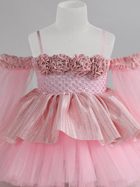 "Blush Pink Off-Shoulder Princess Knee Length Dress with Floral Bodice and Layered Tulle – A Fairytale Come to Life!