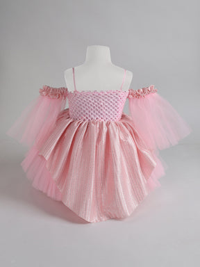 "Blush Pink Off-Shoulder Princess Knee Length Dress with Floral Bodice and Layered Tulle – A Fairytale Come to Life!