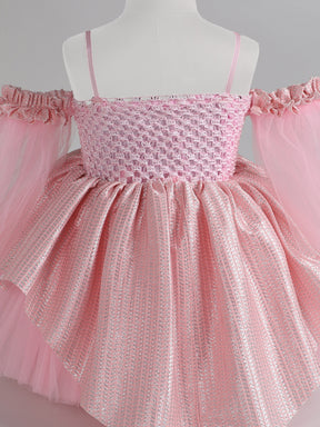 "Blush Pink Off-Shoulder Princess Knee Length Dress with Floral Bodice and Layered Tulle – A Fairytale Come to Life!