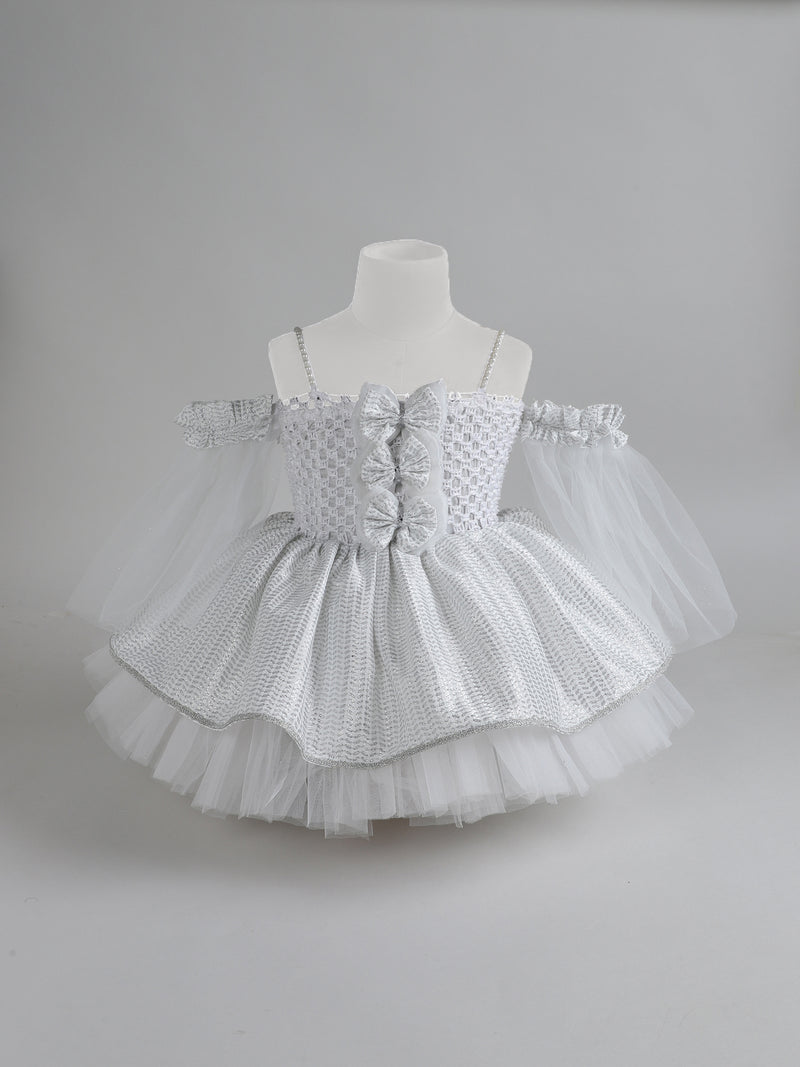 "Sparkle in Silver – Off-Shoulder Tulle Dress with Shimmer Bows and Layered Elegance"