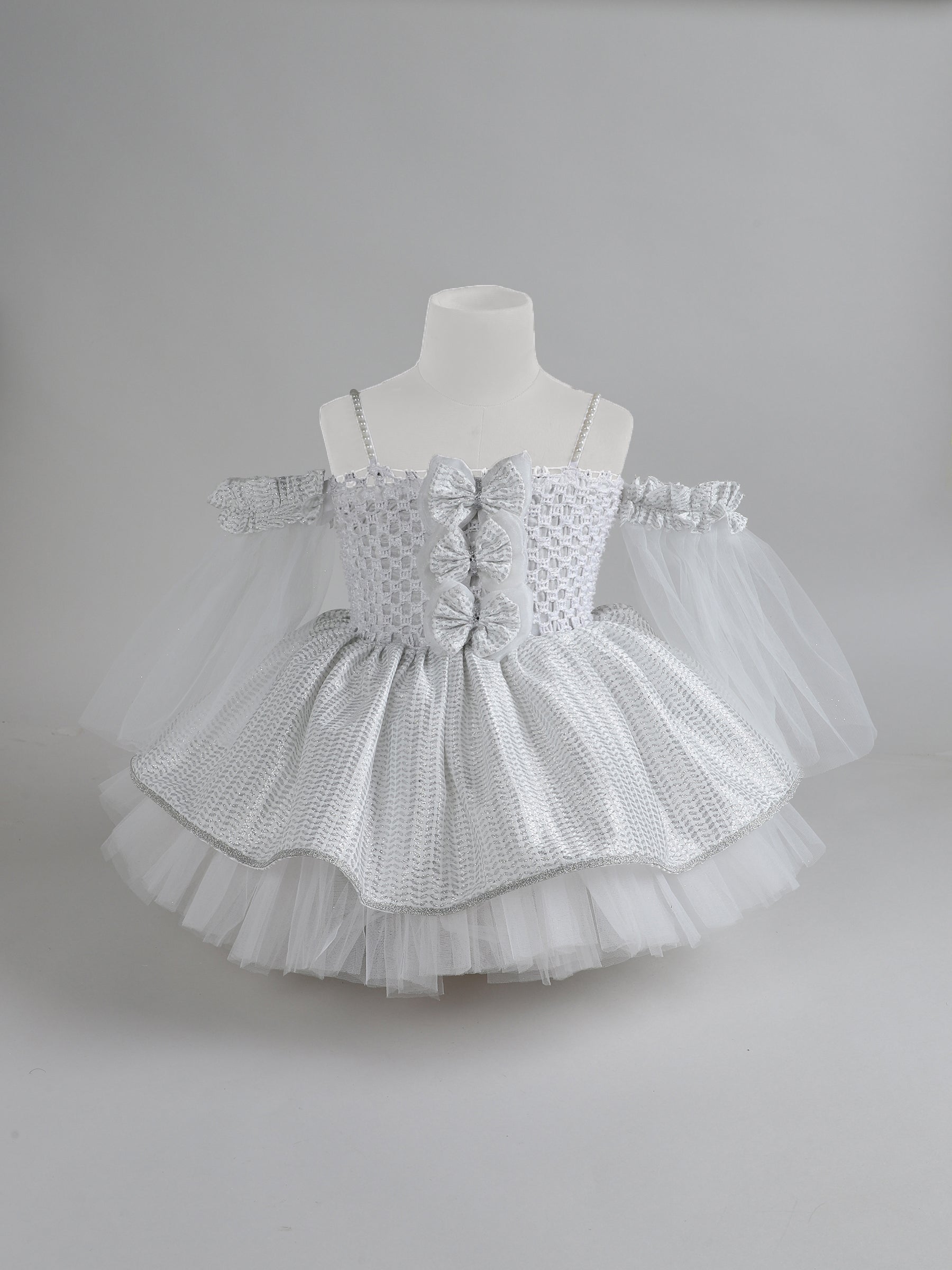 "Sparkle in Silver – Off-Shoulder Tulle Dress with Shimmer Bows and Layered Elegance"
