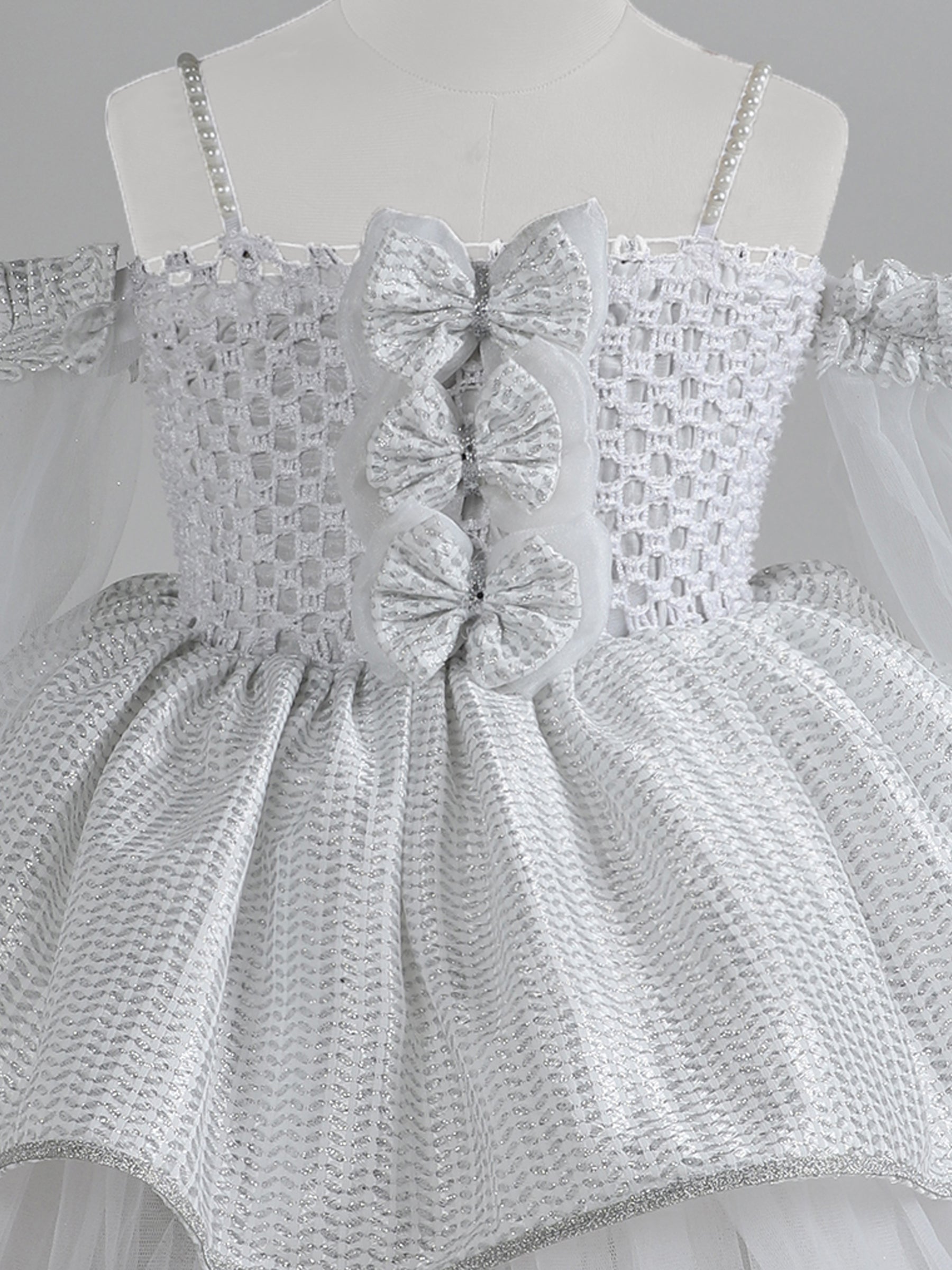 "Sparkle in Silver – Off-Shoulder Tulle Dress with Shimmer Bows and Layered Elegance"