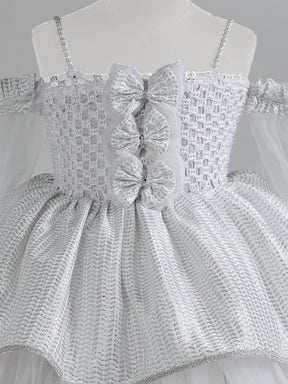"Sparkle in Silver – Off-Shoulder Tulle Dress with Shimmer Bows and Layered Elegance"