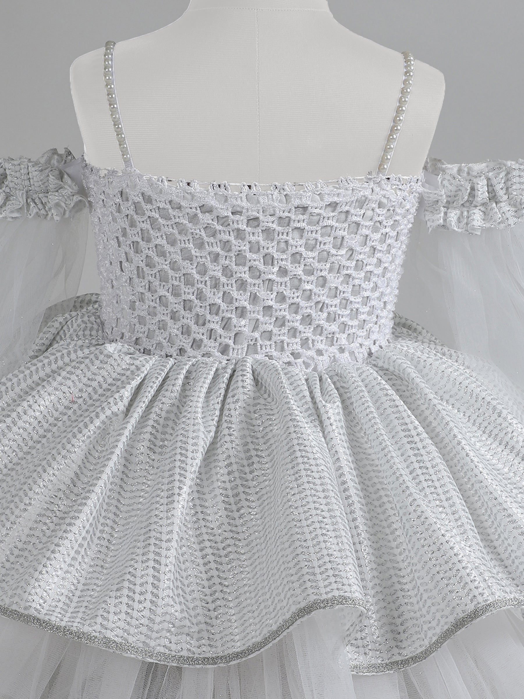 "Sparkle in Silver – Off-Shoulder Tulle Dress with Shimmer Bows and Layered Elegance"