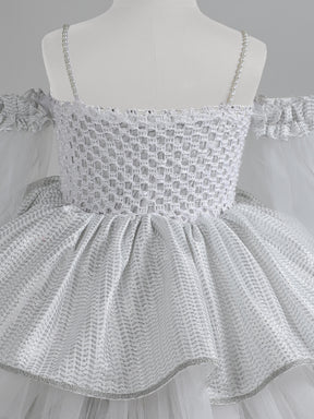 "Sparkle in Silver – Off-Shoulder Tulle Dress with Shimmer Bows and Layered Elegance"