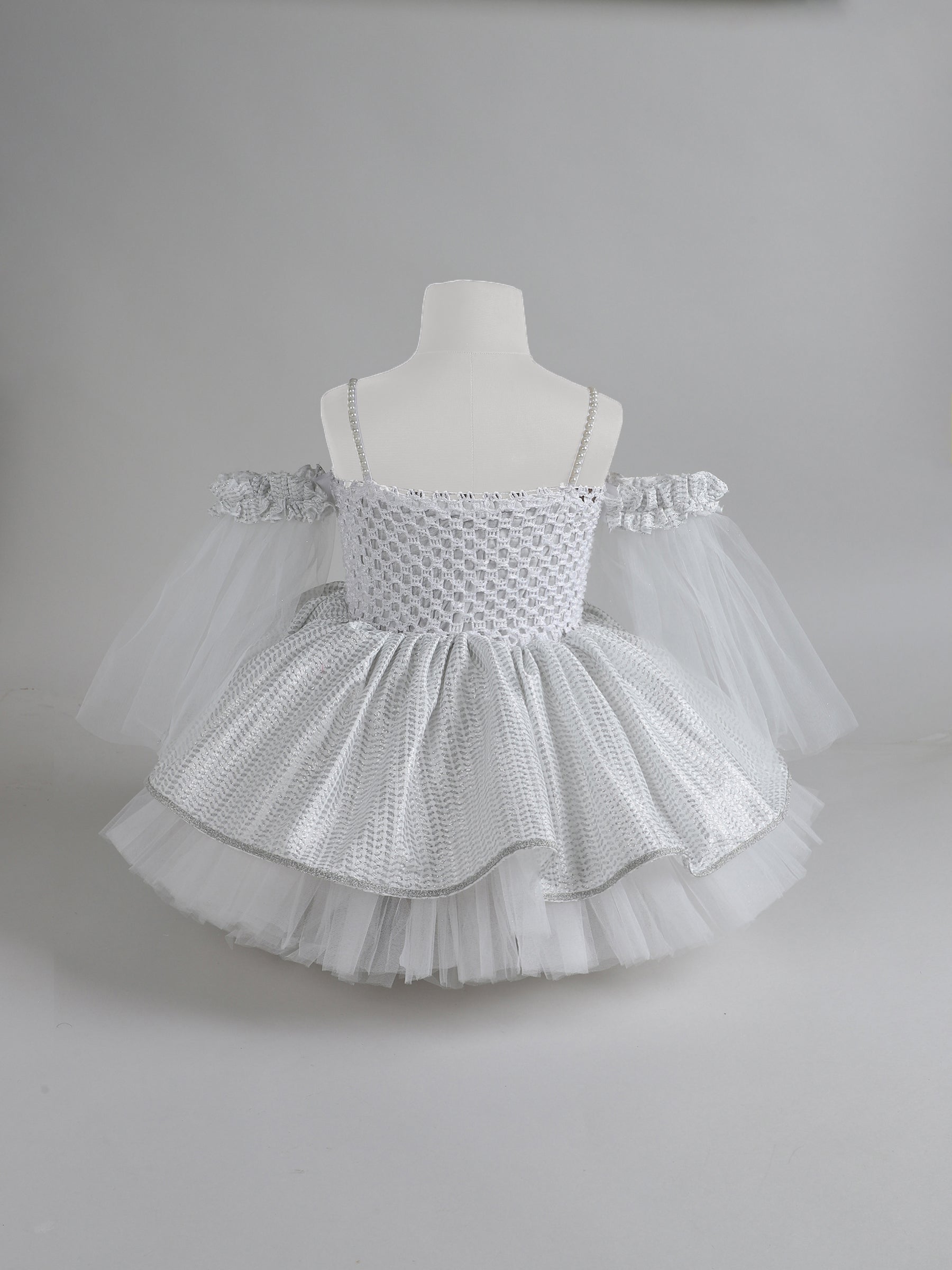 "Sparkle in Silver – Off-Shoulder Tulle Dress with Shimmer Bows and Layered Elegance"