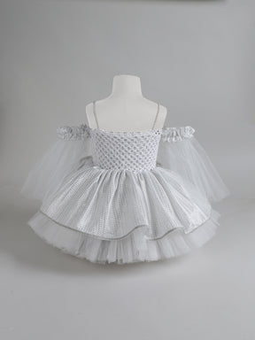 "Sparkle in Silver – Off-Shoulder Tulle Dress with Shimmer Bows and Layered Elegance"
