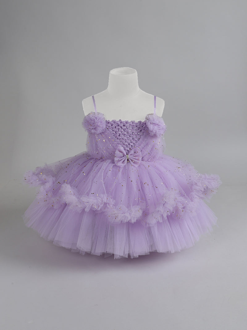 "Girls Lavender Tulle Party Dress – Sparkly Birthday Dress with Flowers & Bow"
