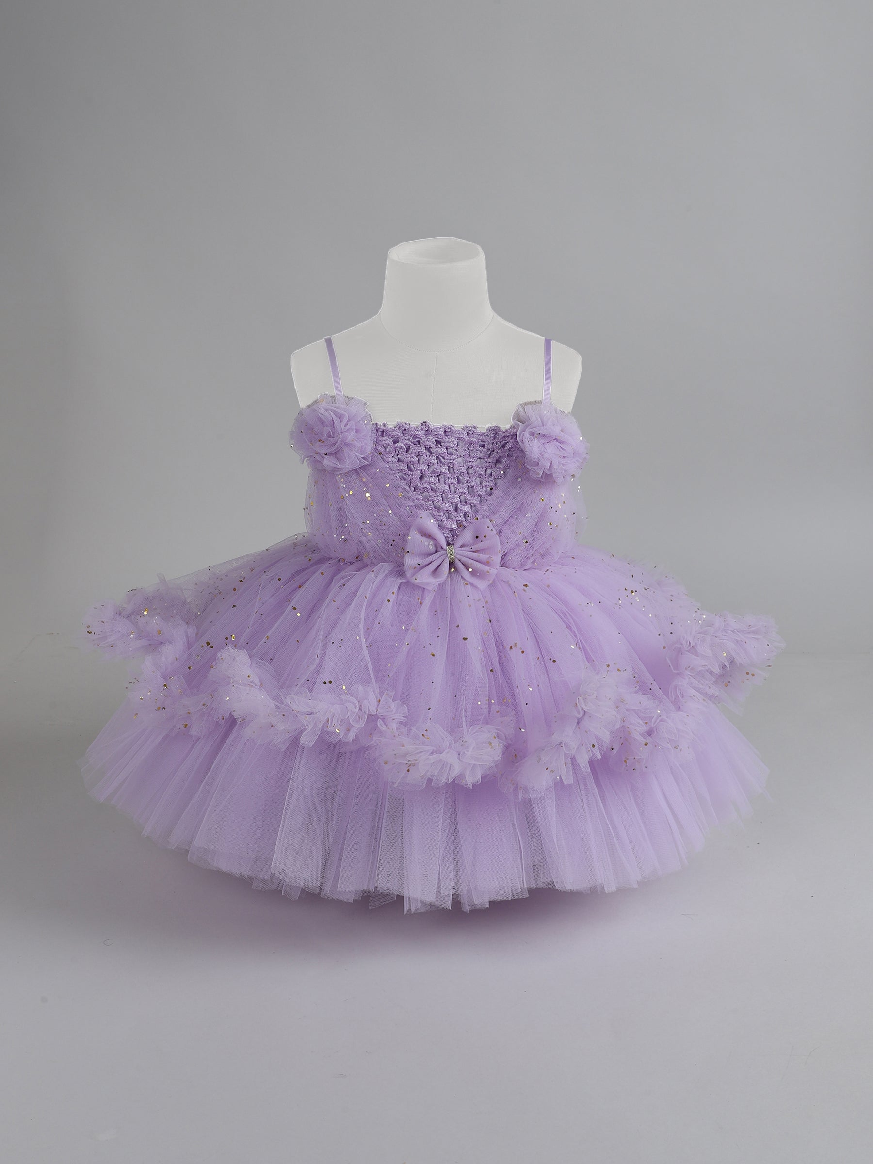 "Girls Lavender Tulle Party Dress – Sparkly Birthday Dress with Flowers & Bow"