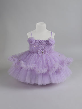 "Girls Lavender Tulle Party Dress – Sparkly Birthday Dress with Flowers & Bow"