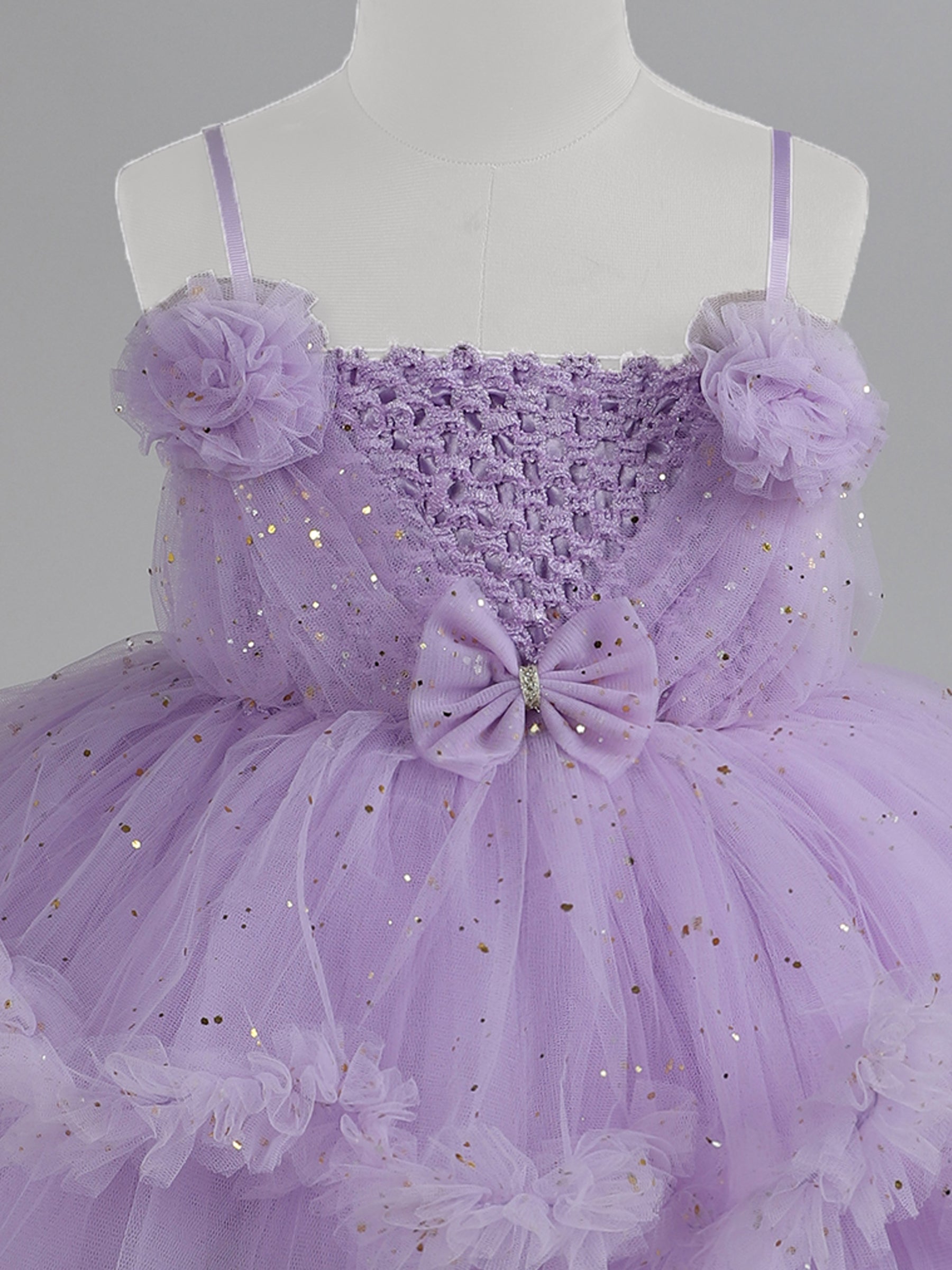 "Girls Lavender Tulle Party Dress – Sparkly Birthday Dress with Flowers & Bow"