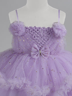 "Girls Lavender Tulle Party Dress – Sparkly Birthday Dress with Flowers & Bow"