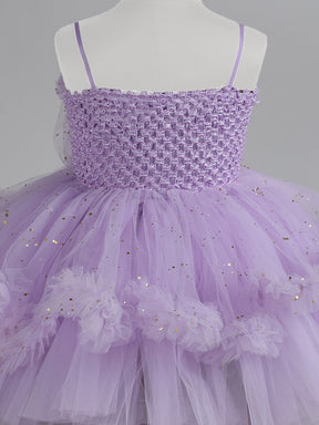 "Girls Lavender Tulle Party Dress – Sparkly Birthday Dress with Flowers & Bow"