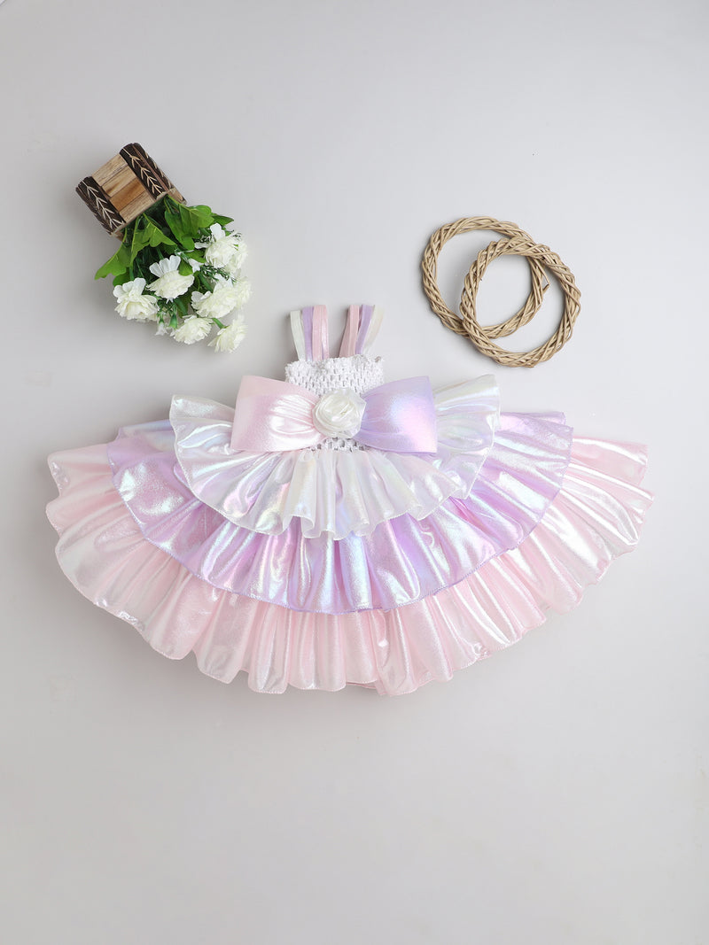 "Shimmering Pastel Ruffle Tutu Frock for Girls – Iridescent Layers with Bow & Floral Detail"