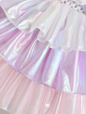 "Shimmering Pastel Ruffle Tutu Frock for Girls – Iridescent Layers with Bow & Floral Detail"