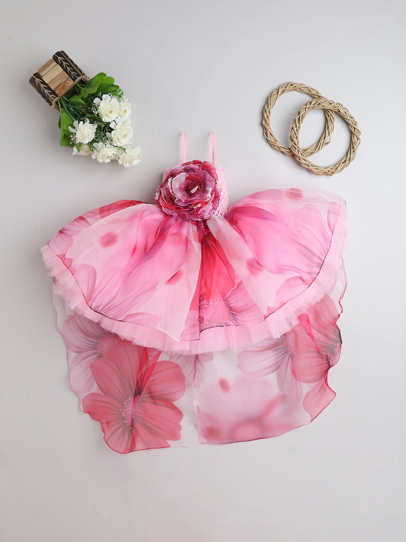 Floral Fantasy High-Low Party Dress for Girls – Pink Petal Print with Oversized Flower Accent