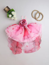 Floral Fantasy High-Low Party Dress for Girls – Pink Petal Print with Oversized Flower Accent