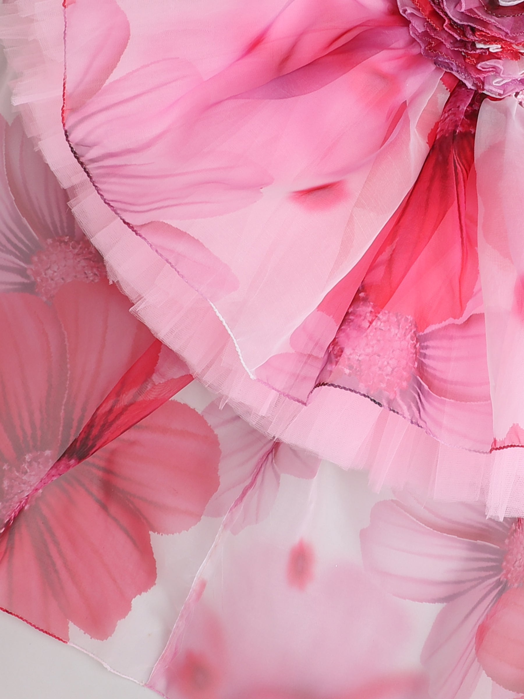 Floral Fantasy High-Low Party Dress for Girls – Pink Petal Print with Oversized Flower Accent