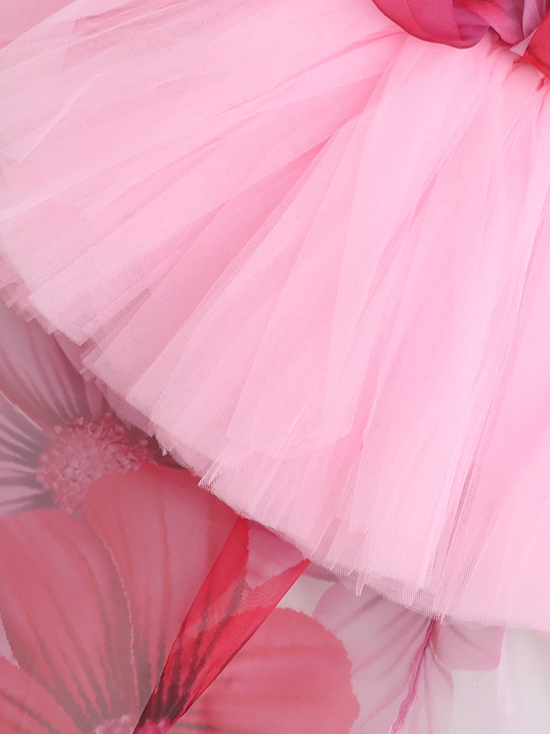 Floral Fantasy High-Low Party Dress for Girls – Pink Petal Print with Oversized Flower Accent