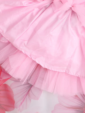 Floral Fantasy High-Low Party Dress for Girls – Pink Petal Print with Oversized Flower Accent