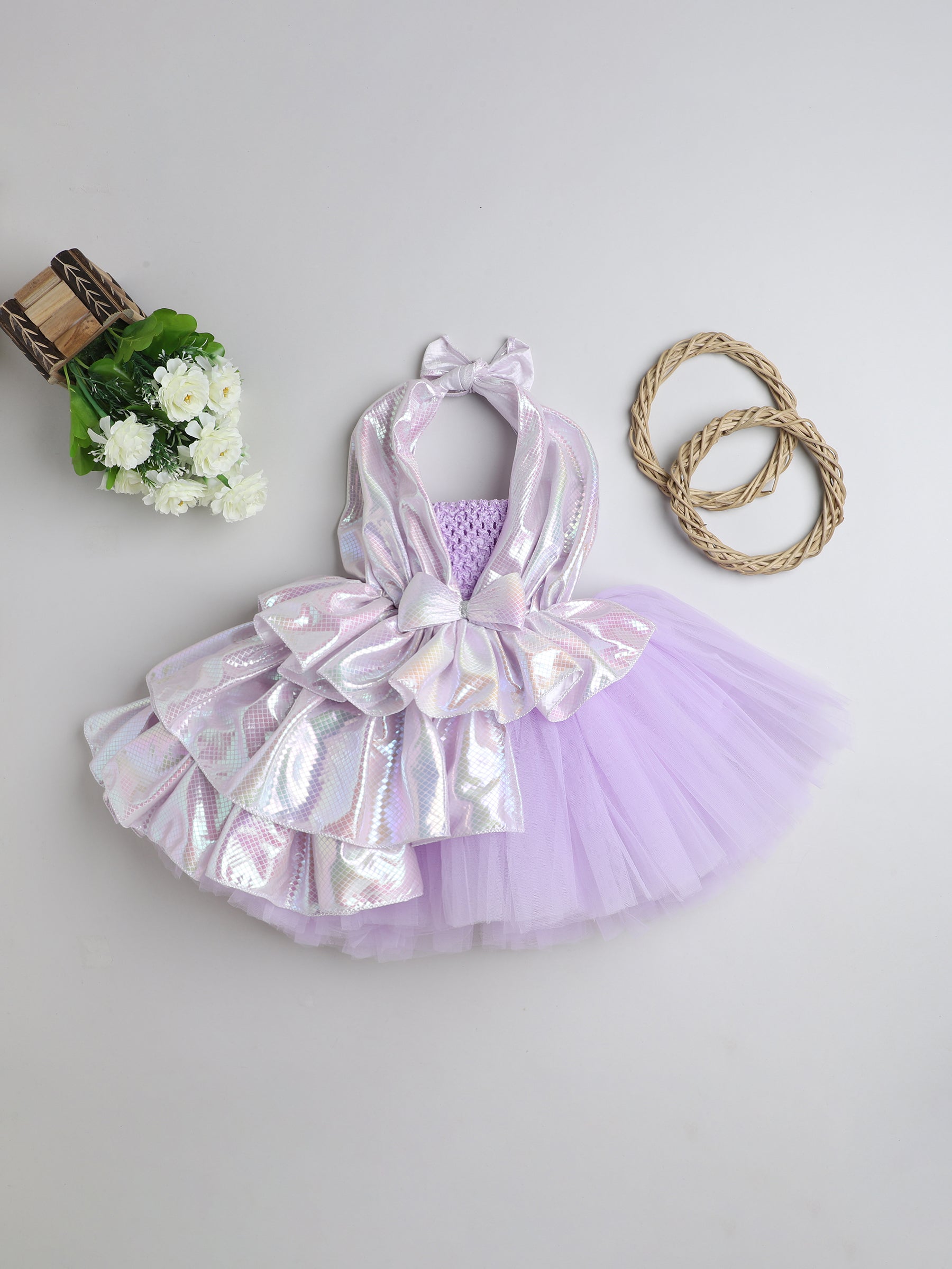 White Shimmer Halter Tulle Dress for Girls – Iridescent Layers with Big Bow