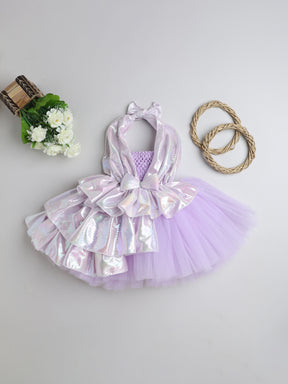 White Shimmer Halter Tulle Dress for Girls – Iridescent Layers with Big Bow