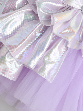White Shimmer Halter Tulle Dress for Girls – Iridescent Layers with Big Bow