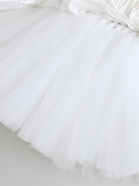 White Shimmer Halter Tulle Dress for Girls – Iridescent Layers with Big Bow