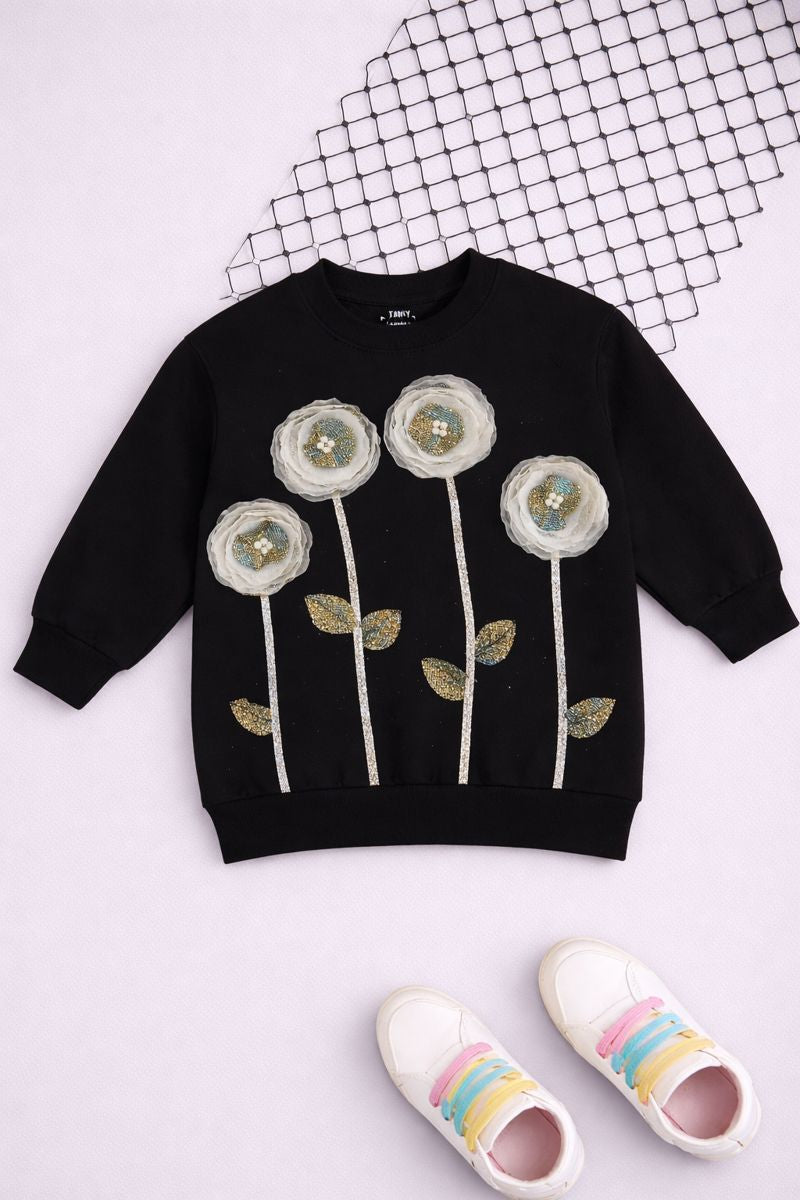 Black Floral Hand-Embellished Kids Sweatshirt