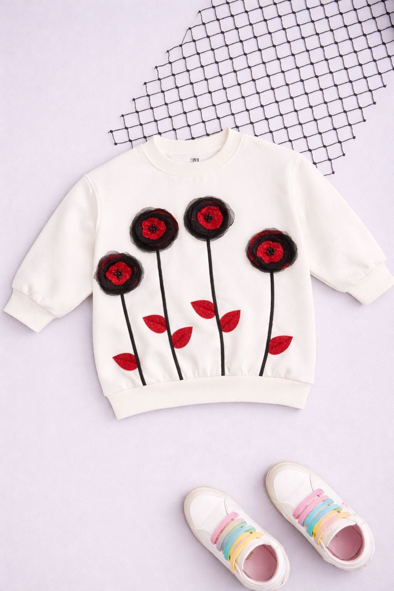 Black Floral Hand-Embellished Kids Sweatshirt