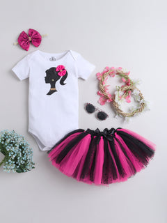 Barbie Theme Baby Girl Outfit Set – White Romper & Pink-Black Tutu Skirt with Accessories