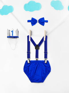 GLACE COTTON BABY BOY BIRTHDAY PHOTOSHOOT OUTFIT INCLUDES BLOOMER WITH GALLIES , CROWN AND BOW-BLUE