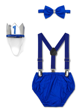 GLACE COTTON BABY BOY BIRTHDAY PHOTOSHOOT OUTFIT INCLUDES BLOOMER WITH GALLIES , CROWN AND BOW-BLUE