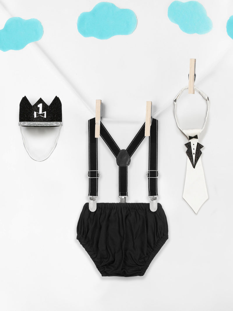 TINY MINY MEE GLACE COTTON MR. ONE DERFUL BIRTHDAY BOY PHOTOSHOOT OUTFIT INCLUDES BLOOMER WITH GALLIES , CROWN AND TIE-BLACK