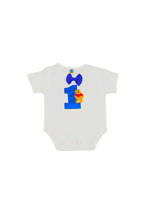 TINY MINY MEE COTTON ONE BEAR BODYSUIT WITH ATTACHED BOW- WHITE & BLUE