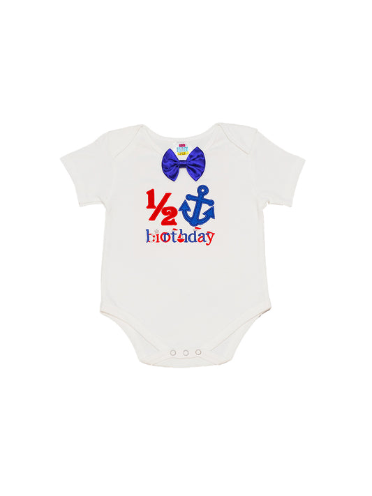 TINY MINY MEE COTTON HALF BIRTHDAY ANCHOR BODYSUIT WITH ATTACHED BOW-WHITE &BLUE