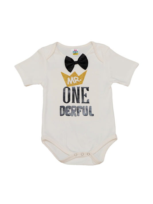 TINY MINY MEE COTTON MR. ONE DEFUL BODYSUIT WITH ATTACHED BOW-WHITE & BLACK