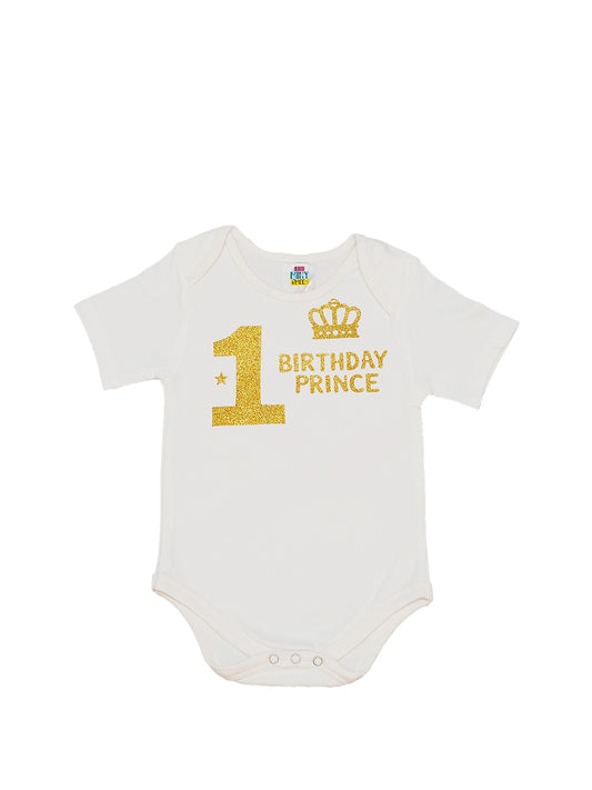 TINY MINY MEE COTTON 1ST BIRTHDAY PRINCE BODYSUIT-WHITE