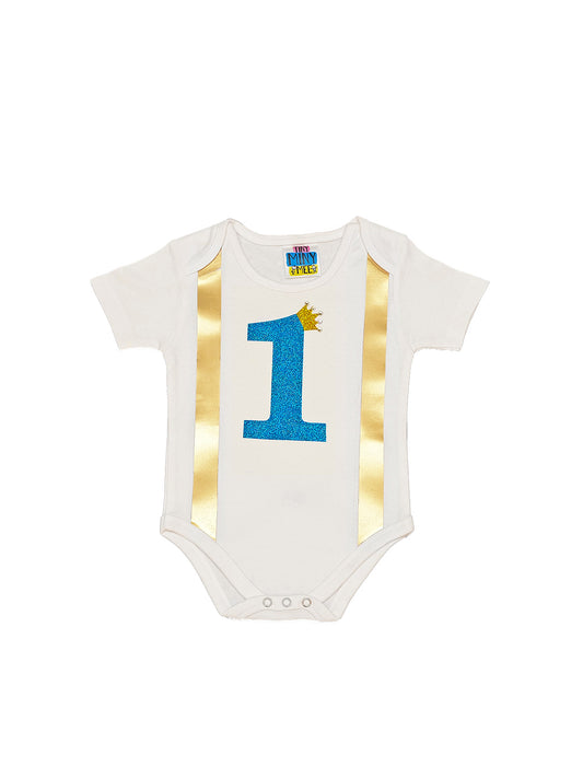 TINY MINY MEE COTTON 1ST BIRTHDAY  ATTACHED GALLIES BODYSUIT-WHITE