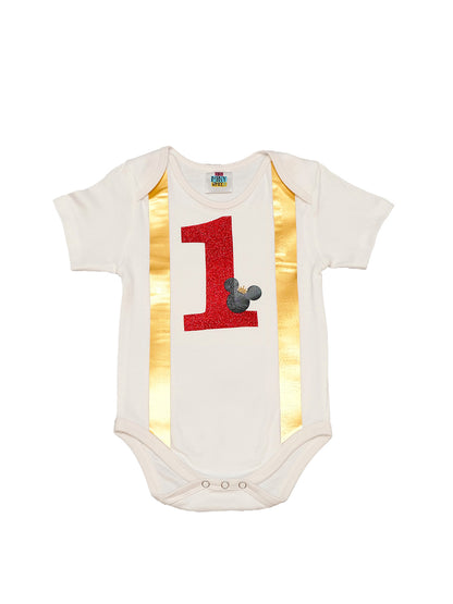 TINY MINY MEE COTTON 1ST BIRTHDAY MOUSE ATTACHED GALLIES BODYSUIT-WHITE & RED