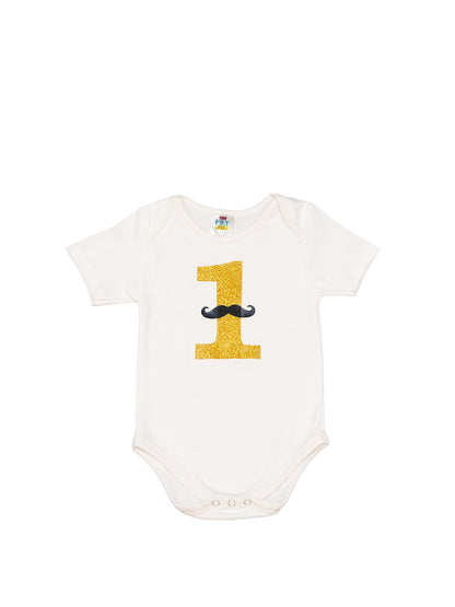 TINY MINY MEE COTTON 1ST BIRTHDAY WITH MOUSTACHE BODYSUIT-WHITE