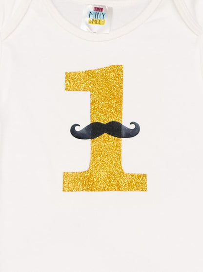 TINY MINY MEE COTTON 1ST BIRTHDAY WITH MOUSTACHE BODYSUIT-WHITE