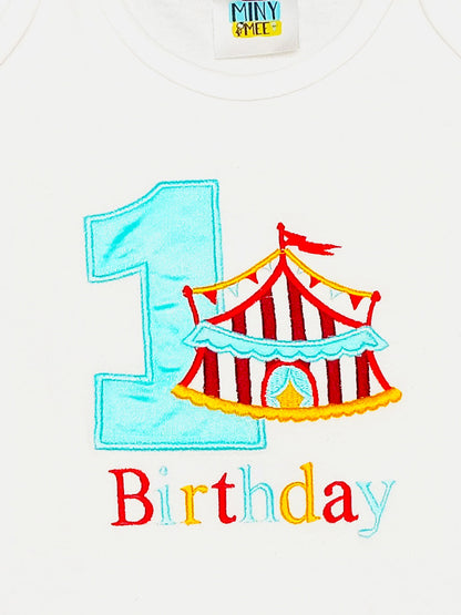 TINY MINY MEE COTTON CIRCUS FIRST BIRTHDAY EMBROIDERED BODYSUIT