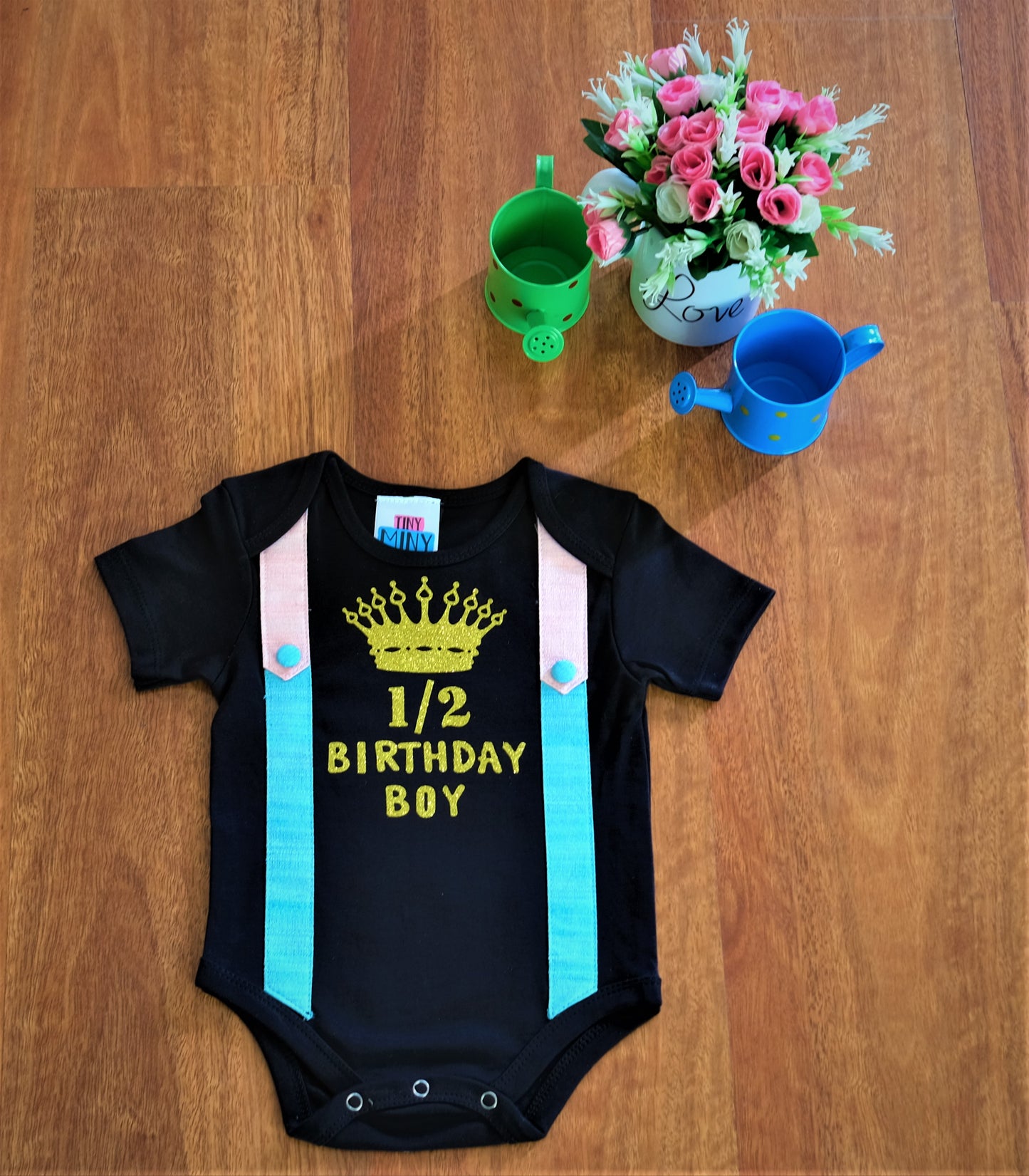 TINY MINY MEE COTTON 1/2 BIRTHDAY BOY ATTACHED GALLIES BODYSUIT-BLACK